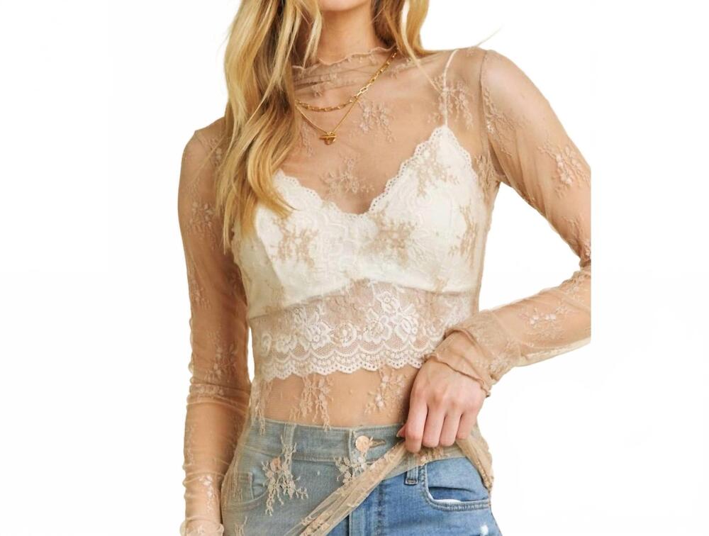 NEW SWEET GENERIS mesh lace high neck design long sleeve fitted top - plus in cr